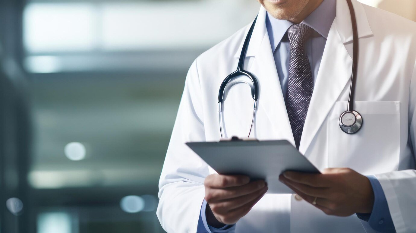 Physician with clipboard and stethoscope at Pacific Hyperbarics — Oceanside